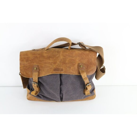 Vintage Streetwear Distressed Leather Canvas Handled Crossbody Messenger Bag